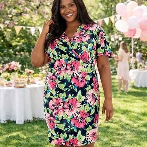 NWT KASPER Plus Size Naomi Floral Wrap Dress in Pink Black Blue Green 3XL